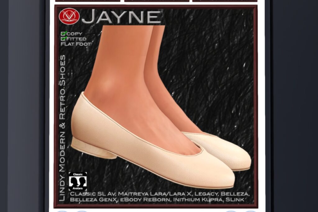 Jayne Flats - see ad for fits, L$169 each/L$507 FP