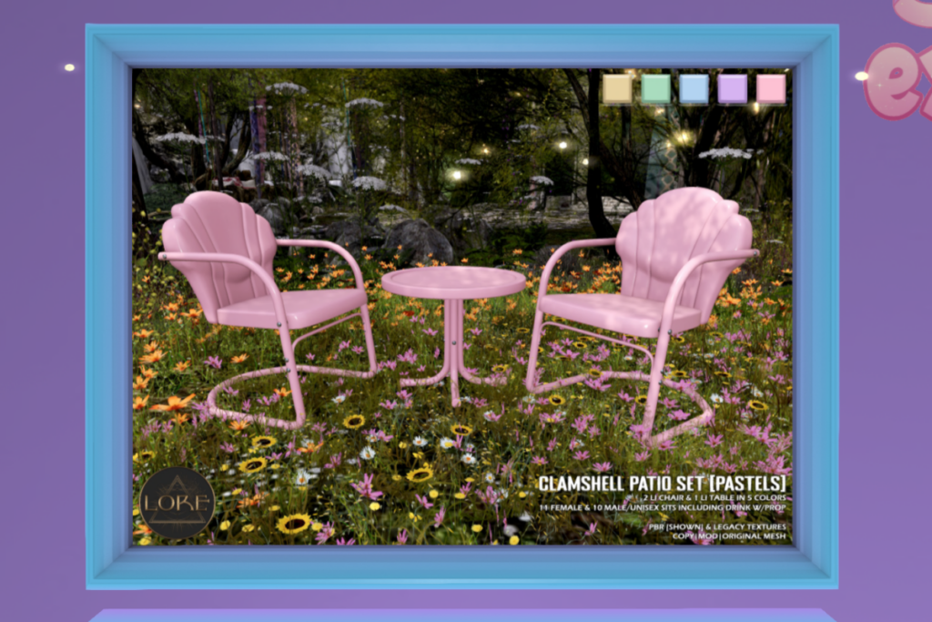 Clamshell Patio Set, L$350 each/L$600 FP