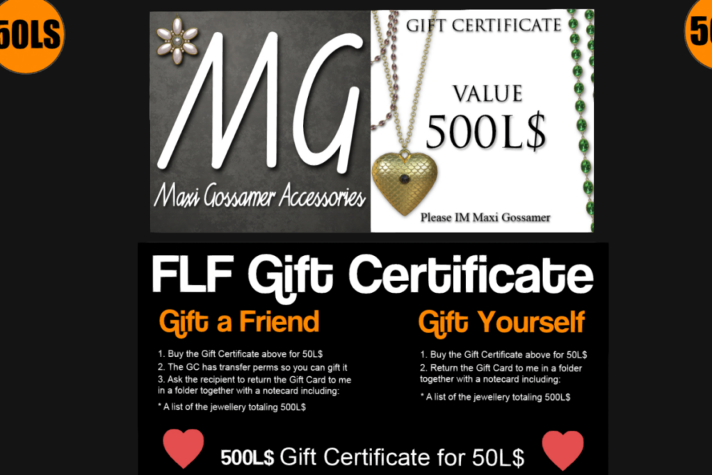500L Gift Certificate	&lt;a href=&quot;http://maps.secondlife.com/secondlife/Cynful/125/198/1491&quot;&gt;TELEPORT&lt;/a&gt;