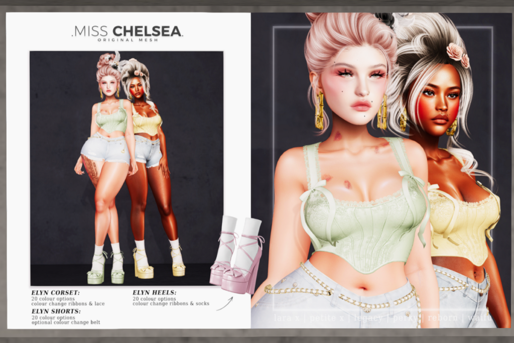 Elyn Corset, Shorts, &amp; Heels - Legacy/MaitreyaX/Reborn/+mods, L$250 each/L$500 each color pack/L$1499 each FP/L$2999 MP