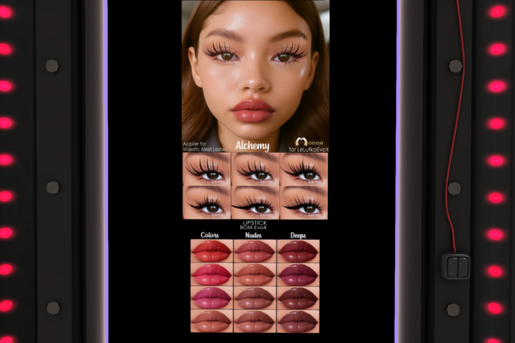 Alchemy Eyeslashes - Majestic Lashes, L$289 | Alchemy Lipstick - EvoX, L$149 each