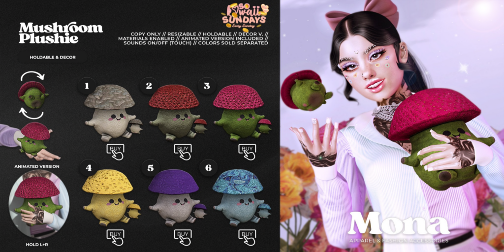 Mushroom Plushie Holdable &amp; Decor	&lt;a href=&quot;https://maps.secondlife.com/secondlife/Silver%20Moon/46/83/1001&quot;&gt;Teleport&lt;/a&gt;