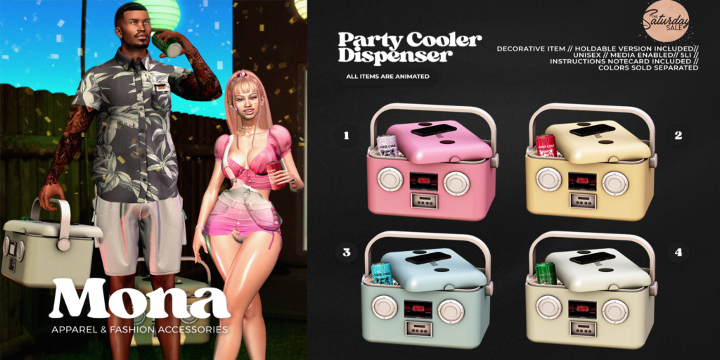 Party Cooler Dispenser	&lt;a href=&quot;https://maps.secondlife.com/secondlife/Silver%20Moon/68/95/1001&quot;&gt;Teleport&lt;/a&gt;