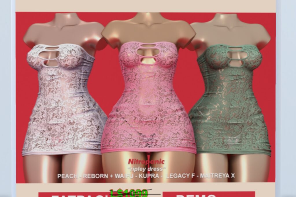 Ripley Dress - Inithium/Legacy/MaitreyaX/Peach/Reborn/+mods, L$249 each/L$688 FP