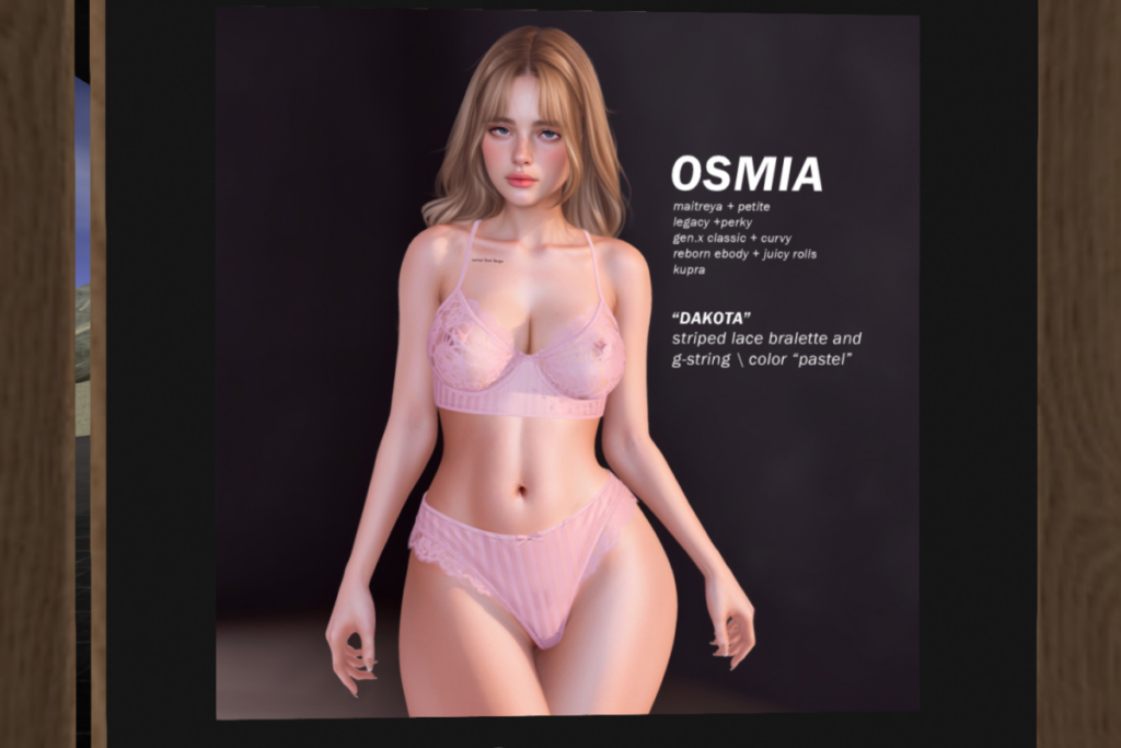 Dakota Lingerie - GenX/Inithium/Legacy/Maitreya/Reborn	&lt;a href=&quot;https://maps.secondlife.com/secondlife/OSMIA/122/140/27&quot;&gt;TELEPORT&lt;/a&gt;