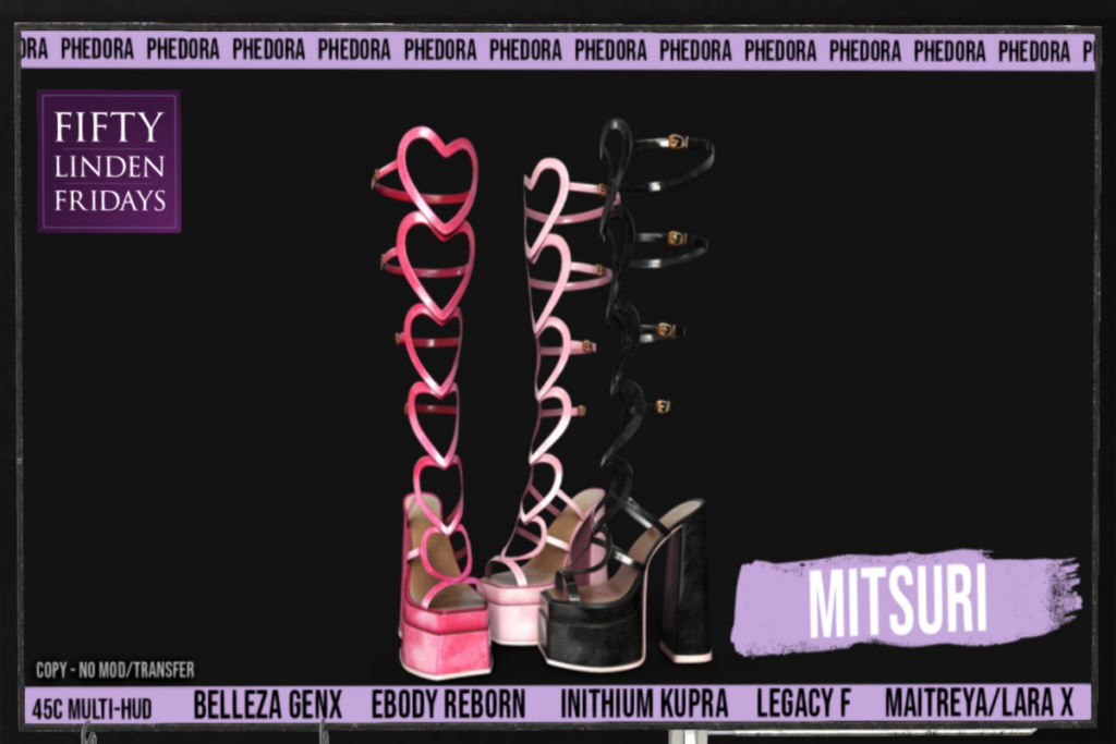 Mitsuri Heels - GenX/Inithium/Legacy/Maitreya/Reborn/+mods	&lt;a href=&quot;http://maps.secondlife.com/secondlife/Sandy%20Shores/39/229/25&quot;&gt;TELEPORT&lt;/a&gt;