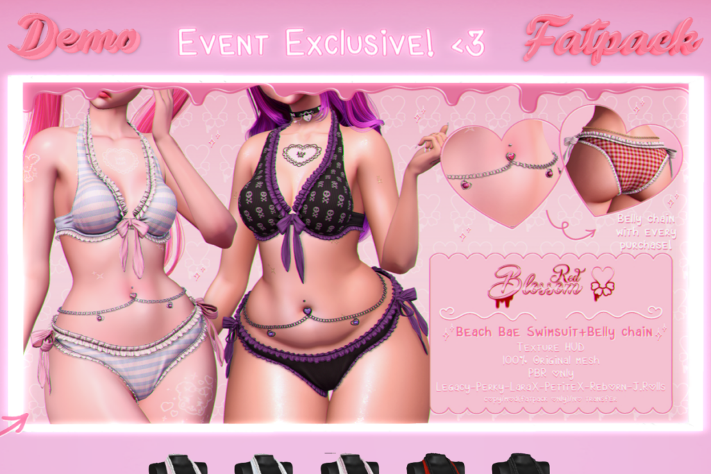 Beach Bae Swimsuit + Belly Chain - Legacy/MaitreyaX/Reborn/+mods, L$350 each/L$1899 FP
