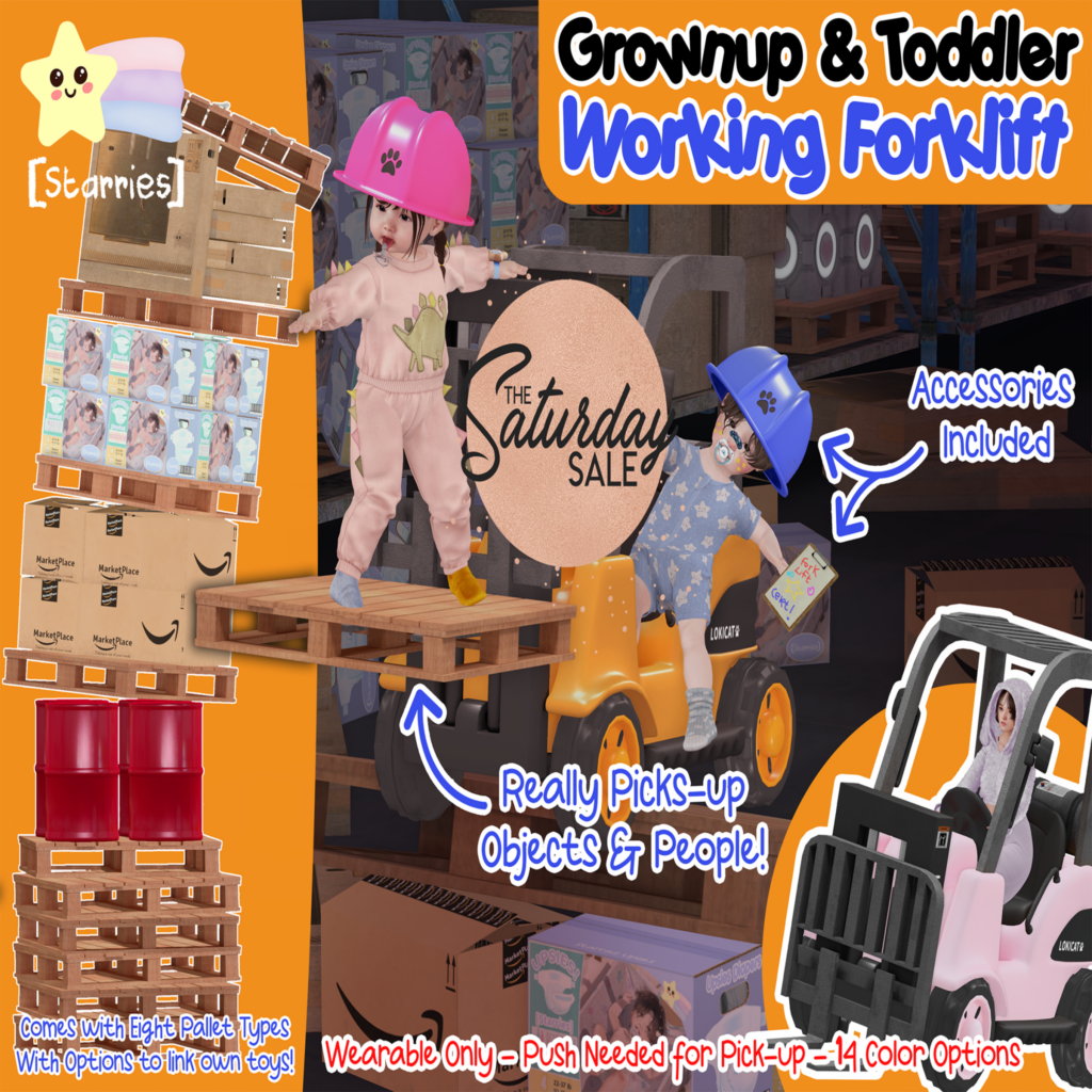 Wearable Working Forklift	&lt;a href=&quot;http://maps.secondlife.com/secondlife/Starries/250/242/23&quot;&gt;Teleport&lt;/a&gt;