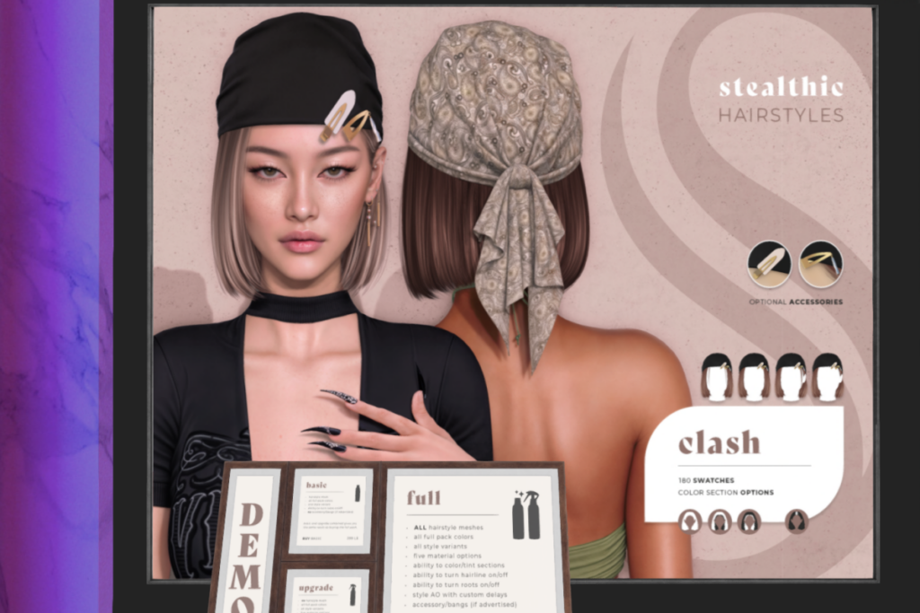 Clash Hair, L$199-L$399 each/L$598 FP