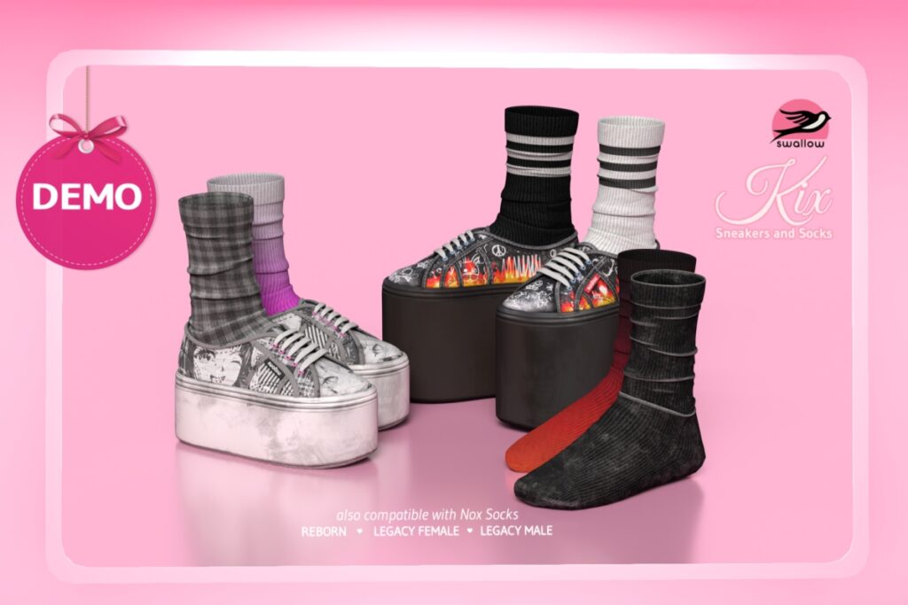 Kix Sneakers &amp; Socks - Legacy M+F/Reborn, L$249 each/L$399-L$899 each FP