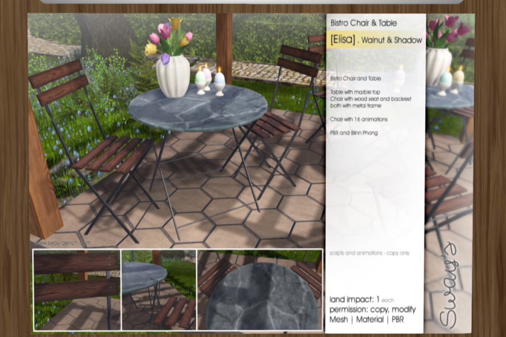 Bistro Chair &amp; Table	&lt;a href=&quot;http://maps.secondlife.com/secondlife/SwayLand/125/125/27&quot;&gt;TELEPORT&lt;/a&gt;
