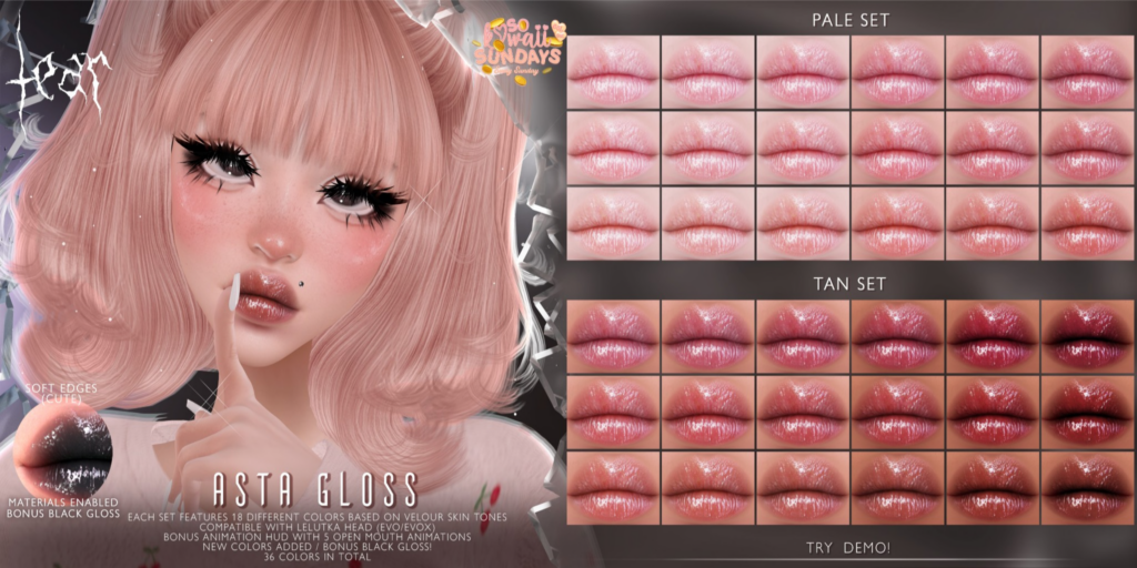 Asta Gloss Lipstick - Evo/EvoX	&lt;a href=&quot;http://maps.secondlife.com/secondlife/Hashira/150/190/3&quot;&gt;Teleport&lt;/a&gt;