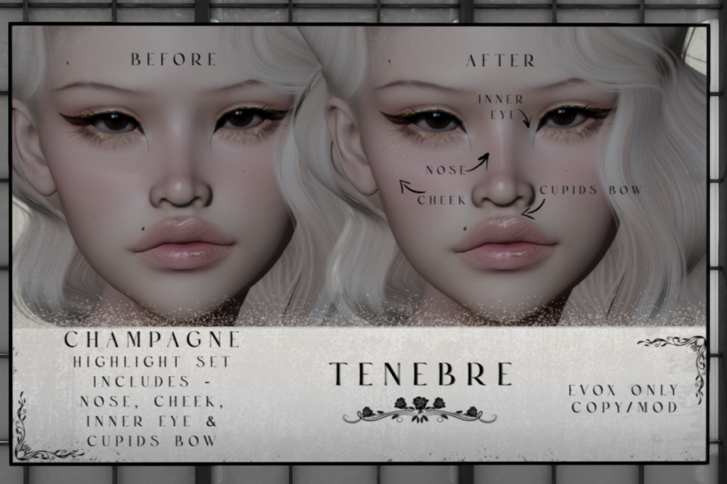 Champagne Highligh Set - EvoX	&lt;a href=&quot;http://maps.secondlife.com/secondlife/Nocturnal%20Collective/120/126/29&quot; target=&quot;_blank&quot;&gt;Teleport&lt;/a&gt;