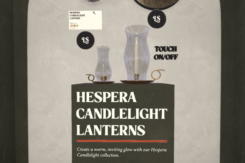 Hespera Candlelight Lanterns	&lt;a href=&quot;http://maps.secondlife.com/secondlife/Violet%20Moon/88/200/2998&quot; target=&quot;_blank&quot;&gt;Teleport&lt;/a&gt;