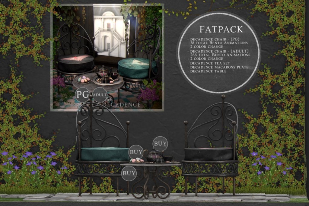 Garden Decadence, L$159-L$389 each/L$759 FP