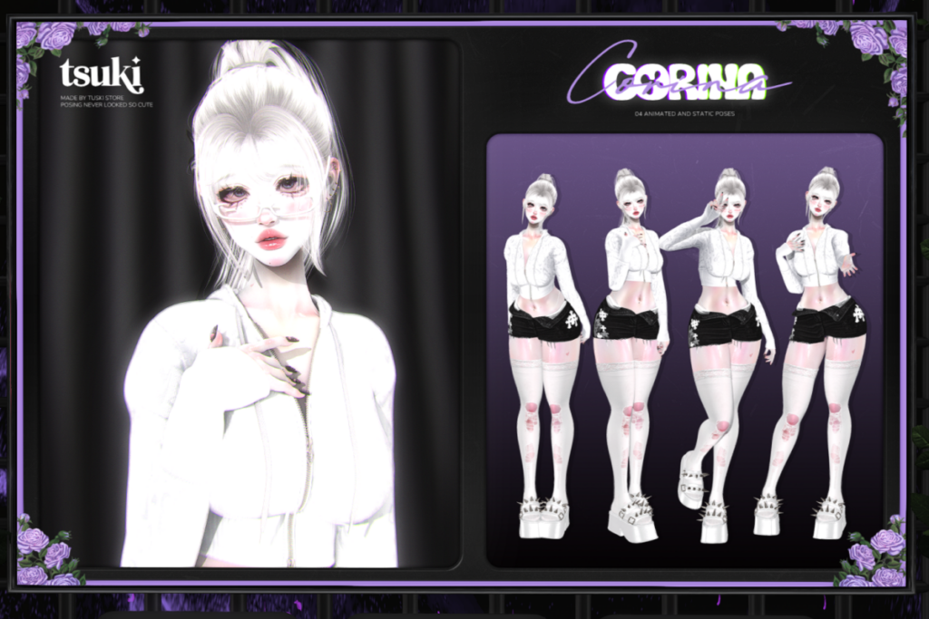 Corina Poses, L$249-L$299 each/L$349 FP