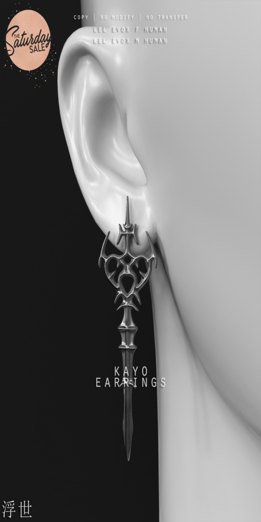 Kayo Earrings - EvoX M+F	&lt;a href=&quot;http://maps.secondlife.com/secondlife/Stellar/32/213/501&quot;&gt;Teleport&lt;/a&gt;