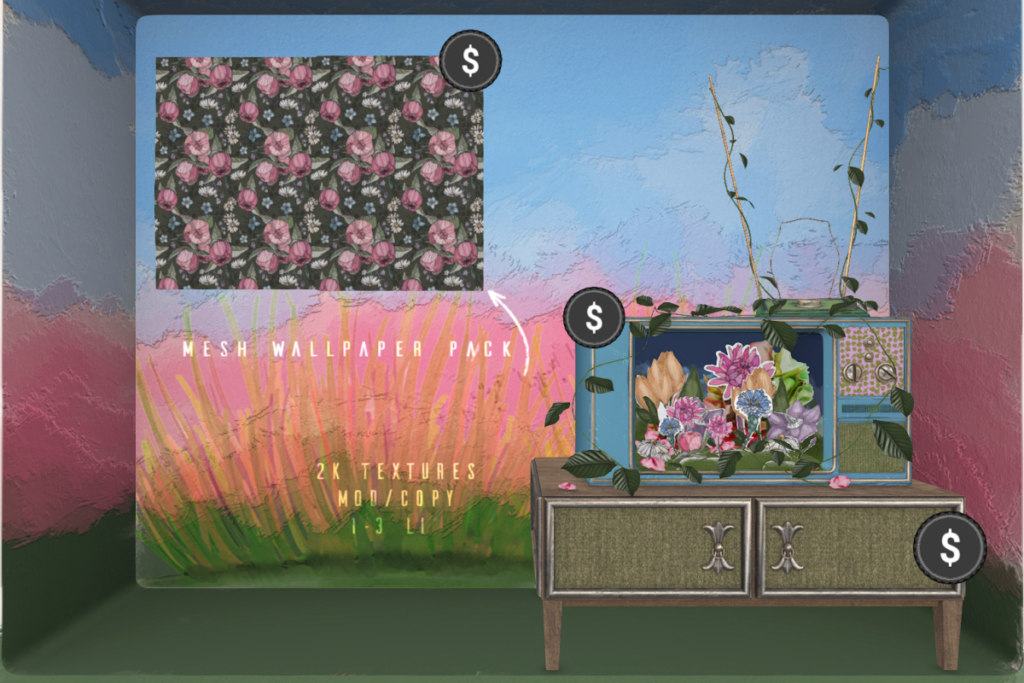 Spring Bloom Mesh Wallpaper, L$100 | Spring Bloom TV &amp; Antenna, L$250 | Spring Bloom TV Console, L$150