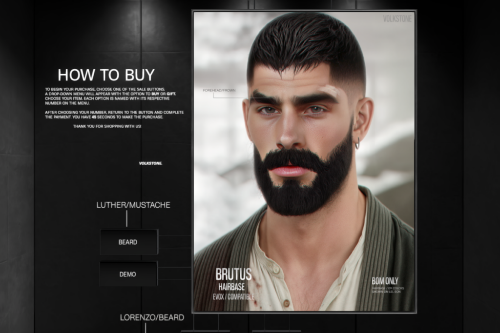 Brutus Hairbase, Luther Mustache, and Lorenzo Beard - EvoX, L$190-L$299 each