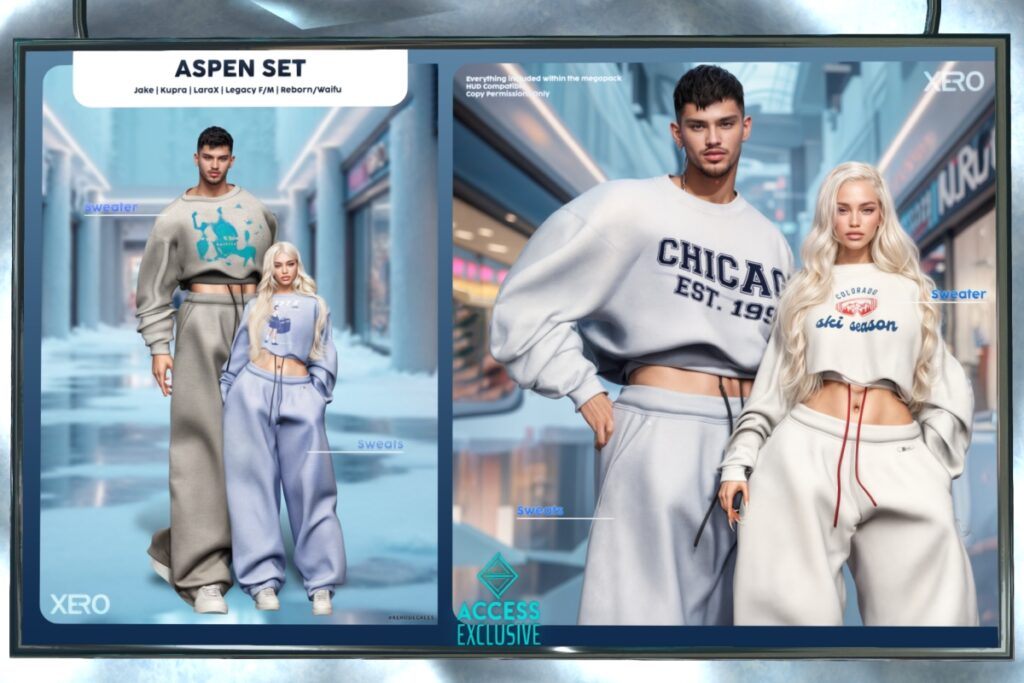 Aspen Set - Jake/Inithium/Legacy M+F/MaitreyaX/Reborn/+mods, L$315 each/L$1199 each FP/L$2149 MP