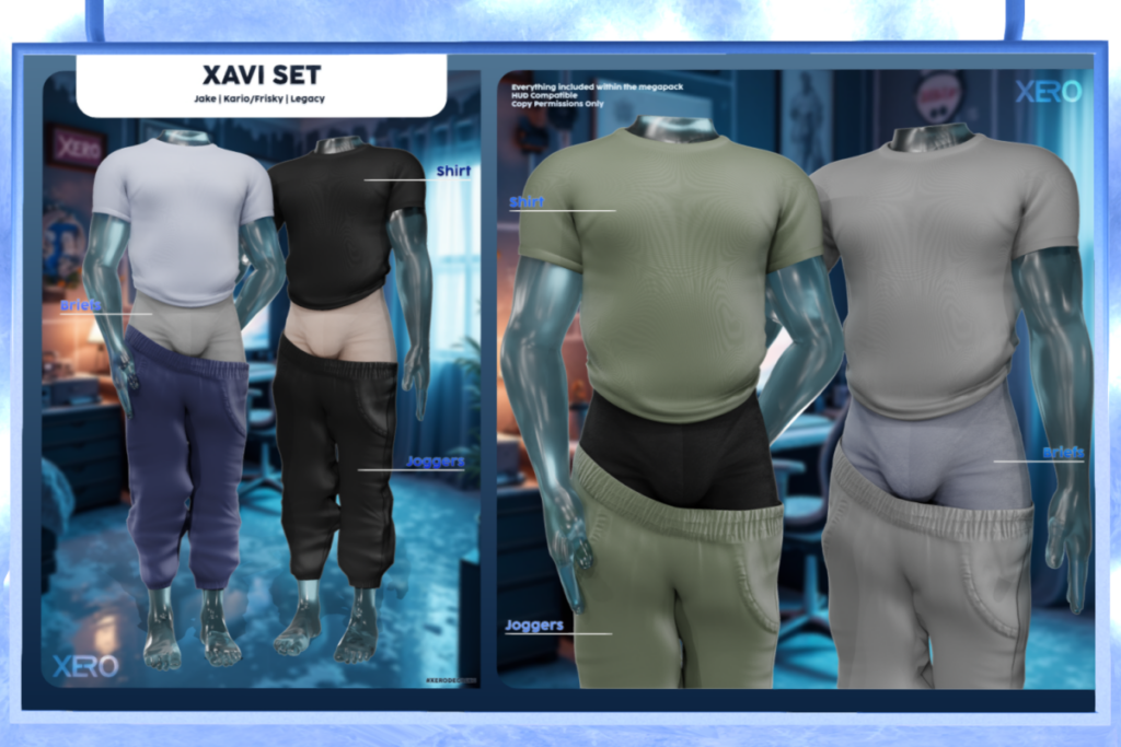 Xavi Shirt and Joggers - Jake/Kario/Legacy/+mods, L$315 each/L$1199 each FP/L$2149 MP