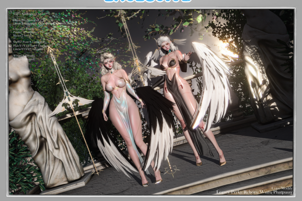 Angel Dress, Top, Gloves, Staff, Circlet, &amp; Wings - Legacy/Reborn/+mods, L$399 each dress/L$399-L$1599 each FP/L$3330 MP