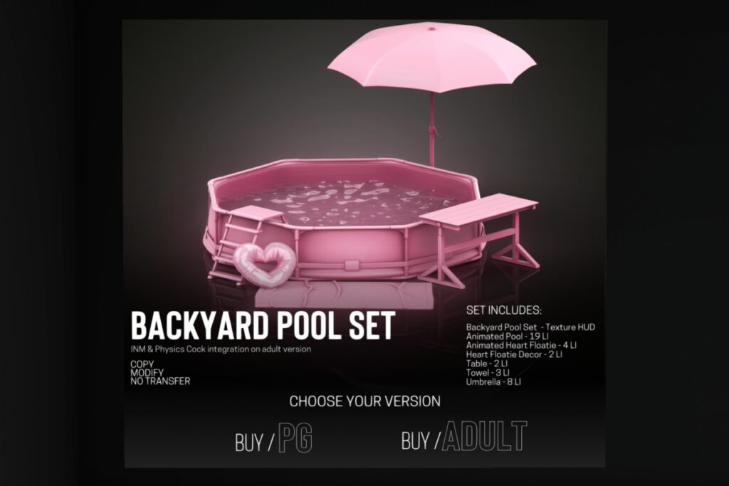 Backyard Pool Decor Set, L$1499 PG/L$2499 Adult