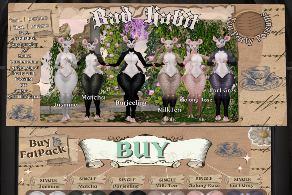 Tea Party Possums Mod Kit - BOM/Cerberus Carcharadon, L$500 each/L$3000 FP