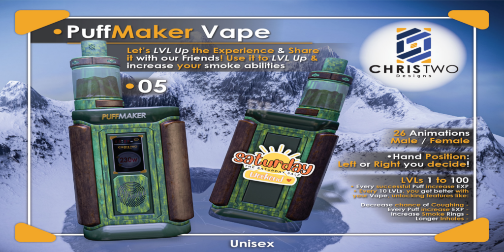 Puffmaker Vape Holdable	&lt;a href=&quot;http://maps.secondlife.com/secondlife/Chris%20Two%20Designs/128/129/15&quot;&gt;Teleport&lt;/a&gt;