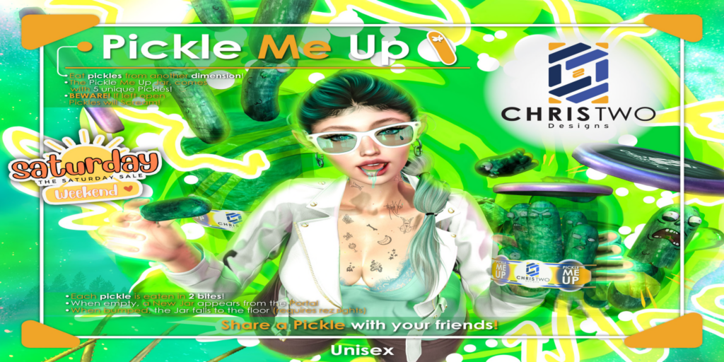 Pickle Me UP Holdable	&lt;a href=&quot;http://maps.secondlife.com/secondlife/Chris%20Two%20Designs/128/129/15&quot;&gt;Teleport&lt;/a&gt;