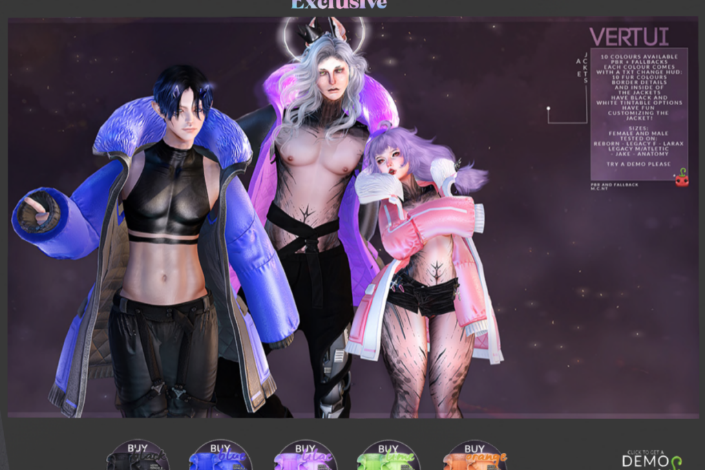 Vertui Jacket - Anatomy/Jake/Legacy M+F/MaitreyaX/Reborn/+mods, L$249 each/L$1999 FP