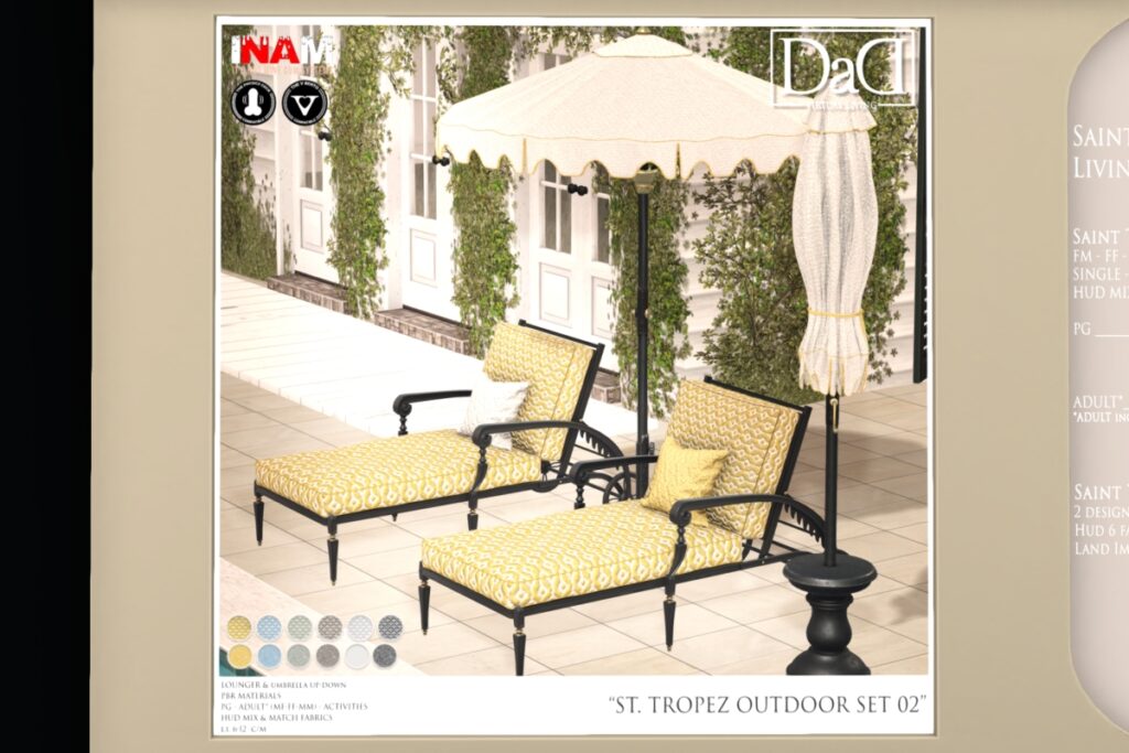 St Tropez Outdoor Decor Set, L$280-L$740 each/L$690-L$940 each FP