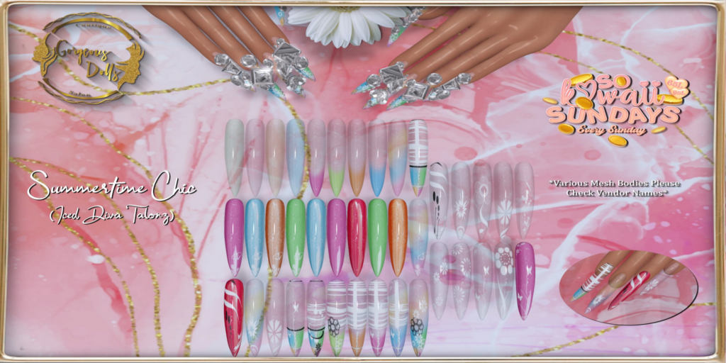Summertime Chic Iced Mesh Nails - no fits listed	&lt;a href=&quot;http://maps.secondlife.com/secondlife/Nori/218/167/2029&quot;&gt;Teleport&lt;/a&gt;