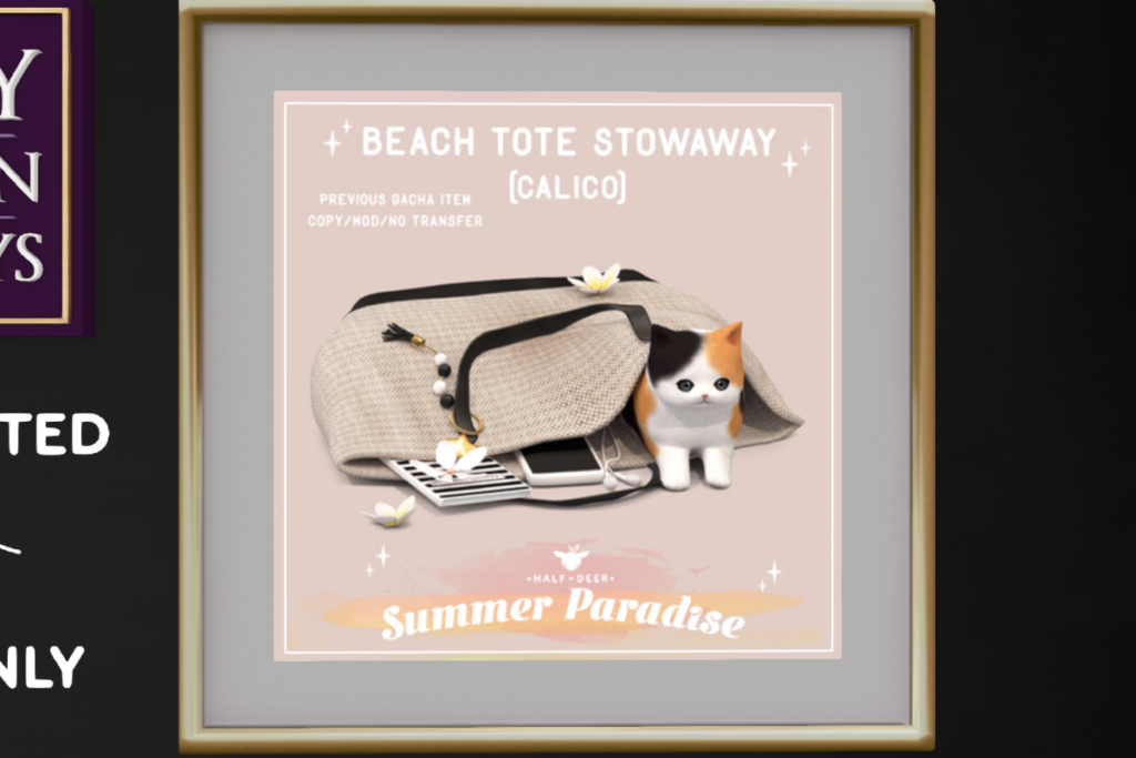 Summer Paradise - Beach Tote Stowaway	&lt;a href=&quot;http://maps.secondlife.com/secondlife/Eternal%20Dream/15/91/21&quot; target=&quot;_blank&quot;&gt;Teleport&lt;/a&gt;
