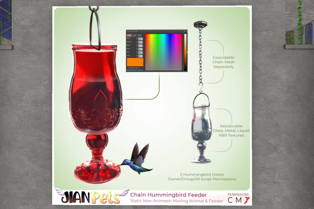 Chained Hummingbird Feeder	&lt;a href=&quot;http://maps.secondlife.com/secondlife/Jian/236/242/24&quot; target=&quot;_blank&quot;&gt;Teleport&lt;/a&gt;