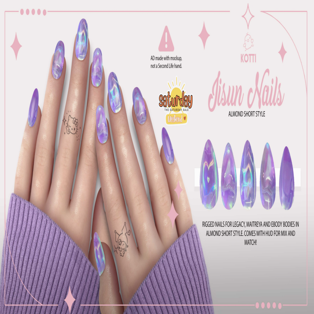 Jisun Mesh Nails - Legacy/Maitreya/Reborn	&lt;a href=&quot;https://maps.secondlife.com/secondlife/Dream%20Lake/124/124/184&quot;&gt;Teleport&lt;/a&gt;