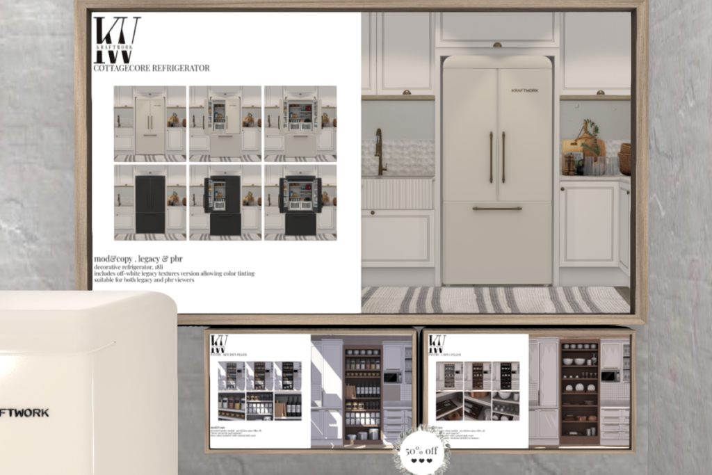 Cottagecore Refrigerator, L$499 | Kitchen Filler &amp; China Filler, L$275 each