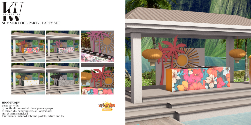 Summer Pool Party Decor Set	&lt;a href=&quot;http://maps.secondlife.com/secondlife/KraftWork/230/122/21&quot;&gt;Teleport&lt;/a&gt;