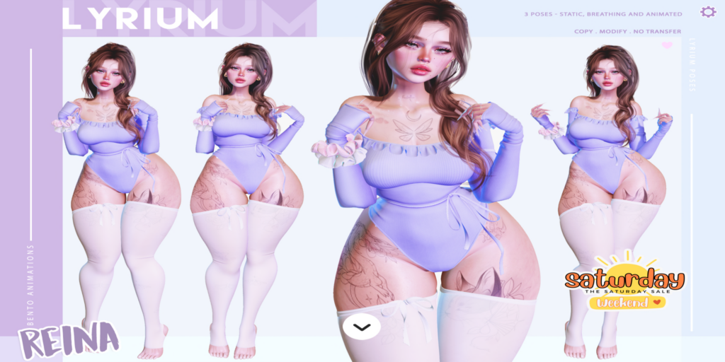 Reina Poses	&lt;a href=&quot;https://maps.secondlife.com/secondlife/Lunar%20and%20Friends/161/89/19&quot;&gt;Teleport&lt;/a&gt;