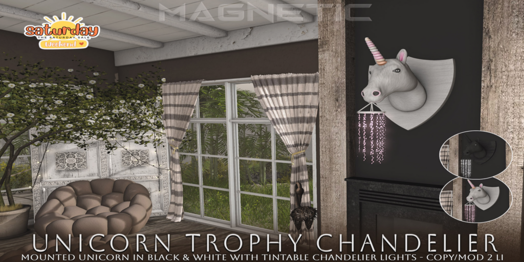 Unicorn Trophy Chandelier	&lt;a href=&quot;http://maps.secondlife.com/secondlife/Klibert/84/162/632&quot;&gt;Teleport&lt;/a&gt;
