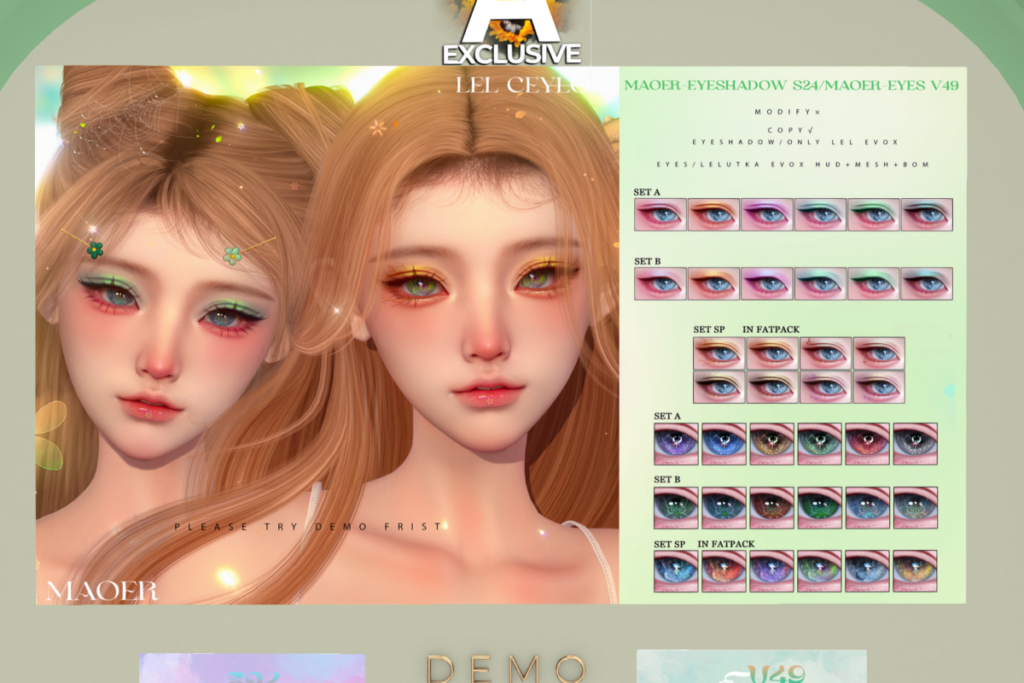 Eyeshadow S24 - EvoX, L$259 each/L$699 FP | Eyes V49 - BOM/EvoX/Mesh, L$258 each/L$588 FP