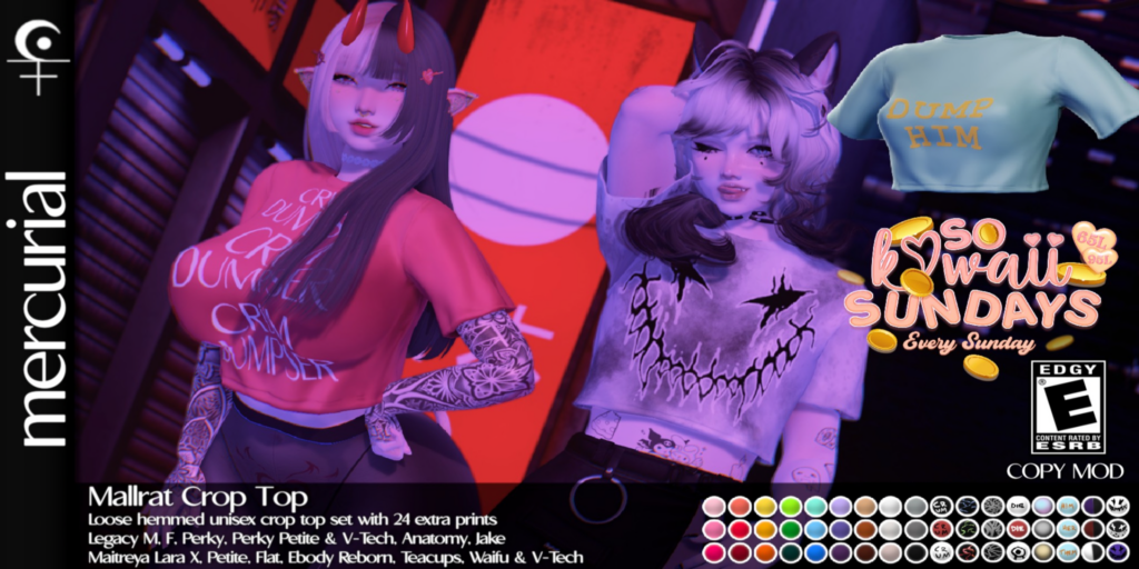 Mallrat Crop Top - Anatomy/Jake/Legacy M+F/MaitreyaX/Reborn/+mods	&lt;a href=&quot;http://maps.secondlife.com/secondlife/Embrace%20the%20Ocean/111/171/1096&quot;&gt;Teleport&lt;/a&gt;