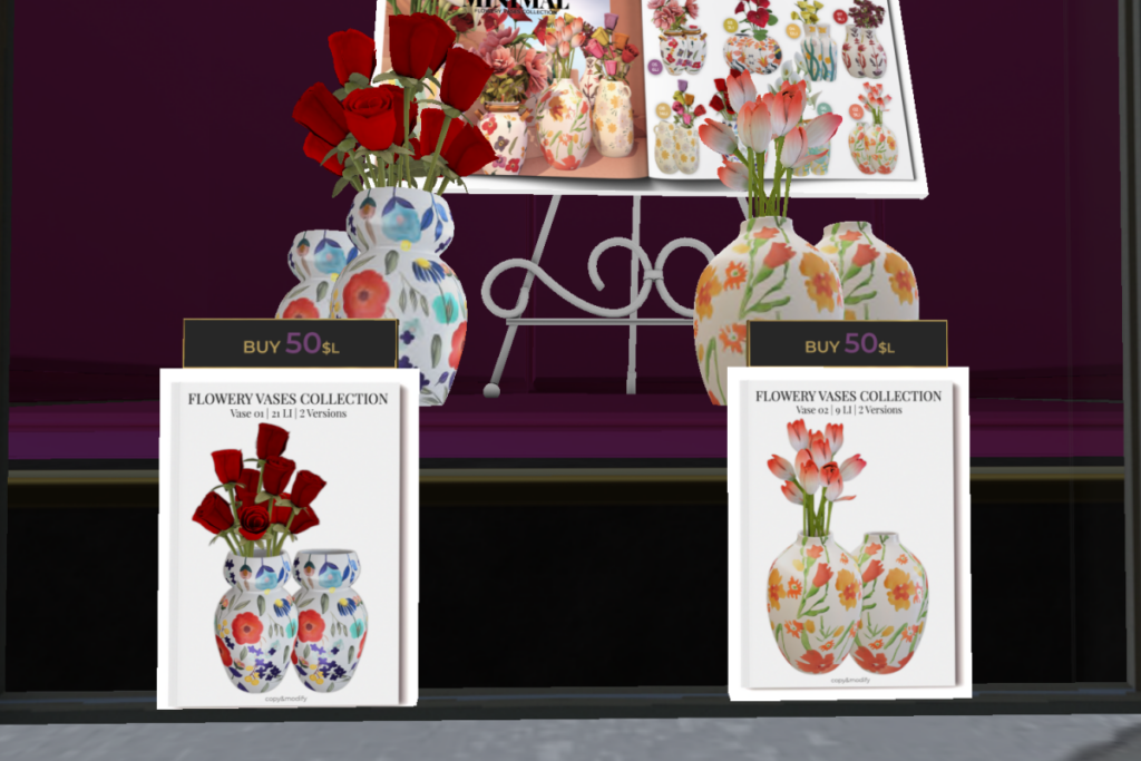 Flowery Vases Collection	&lt;a href=&quot;http://maps.secondlife.com/secondlife/MINIMAL%20Gallery/81/130/27&quot; target=&quot;_blank&quot;&gt;Teleport&lt;/a&gt;