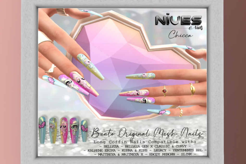 Chicca Bento Long Coffin Mesh Nails -  Belleza/GenX/Erika/Inithium/Legacy/Maitreya/Reborn/Slink/Yentements, L$79