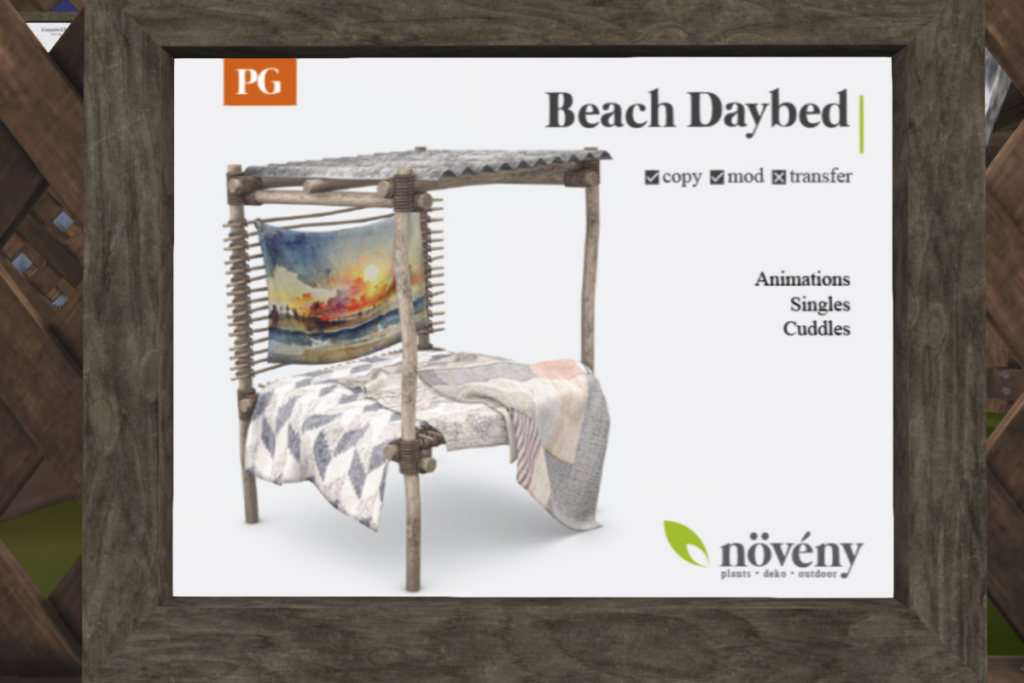 Beach Daybed	&lt;a href=&quot;https://maps.secondlife.com/secondlife/Orchard%20Heights/190/53/1663&quot;&gt;Teleport&lt;/a&gt;