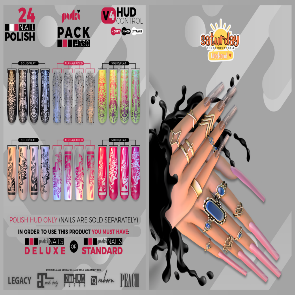 Pack #330 Nail Polish Texture - Puki Nails Deluxe/Puki Nails Standard	&lt;a href=&quot;http://maps.secondlife.com/secondlife/The%20Valley/136/226/501&quot;&gt;Teleport&lt;/a&gt;