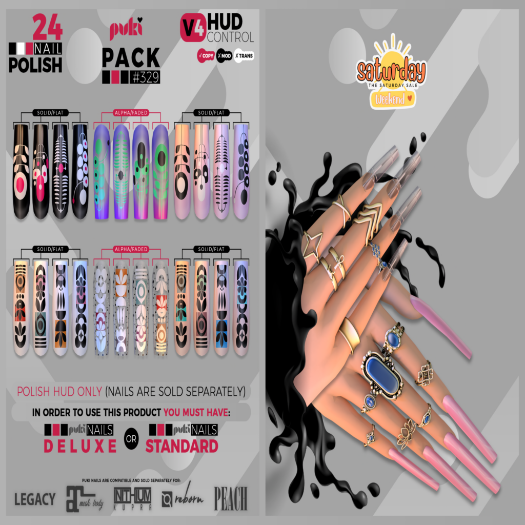 Pack #329 Nail Polish Texture - Puki Nails Deluxe/Puki Nails Standard	&lt;a href=&quot;http://maps.secondlife.com/secondlife/The%20Valley/136/226/501&quot;&gt;Teleport&lt;/a&gt;