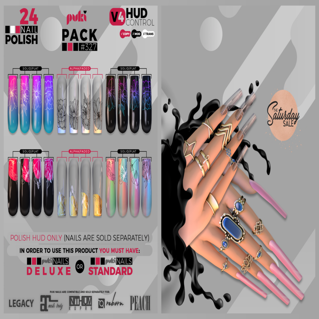 Pack #327 Nail Polish Texture - Puki Nails Deluxe/Puki Nails Standard	&lt;a href=&quot;http://maps.secondlife.com/secondlife/The%20Valley/136/226/501&quot;&gt;Teleport&lt;/a&gt;