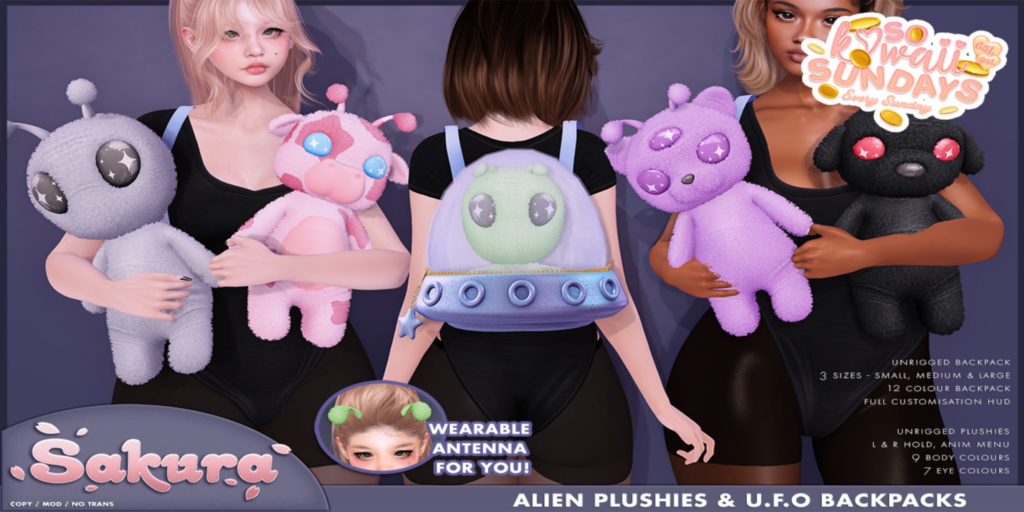 Alien Plushies Holdables &amp; UFO Backpack 	&lt;a href=&quot;http://maps.secondlife.com/secondlife/Domain/122/106/26&quot;&gt;Teleport&lt;/a&gt;