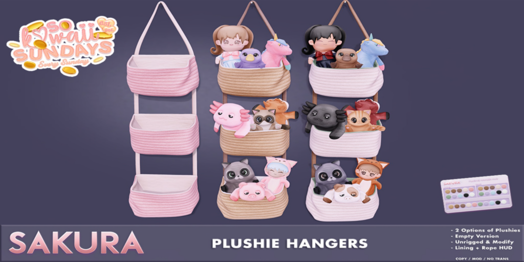 Plushie Hangers Decor	&lt;a href=&quot;http://maps.secondlife.com/secondlife/Domain/122/106/26&quot;&gt;Teleport&lt;/a&gt;